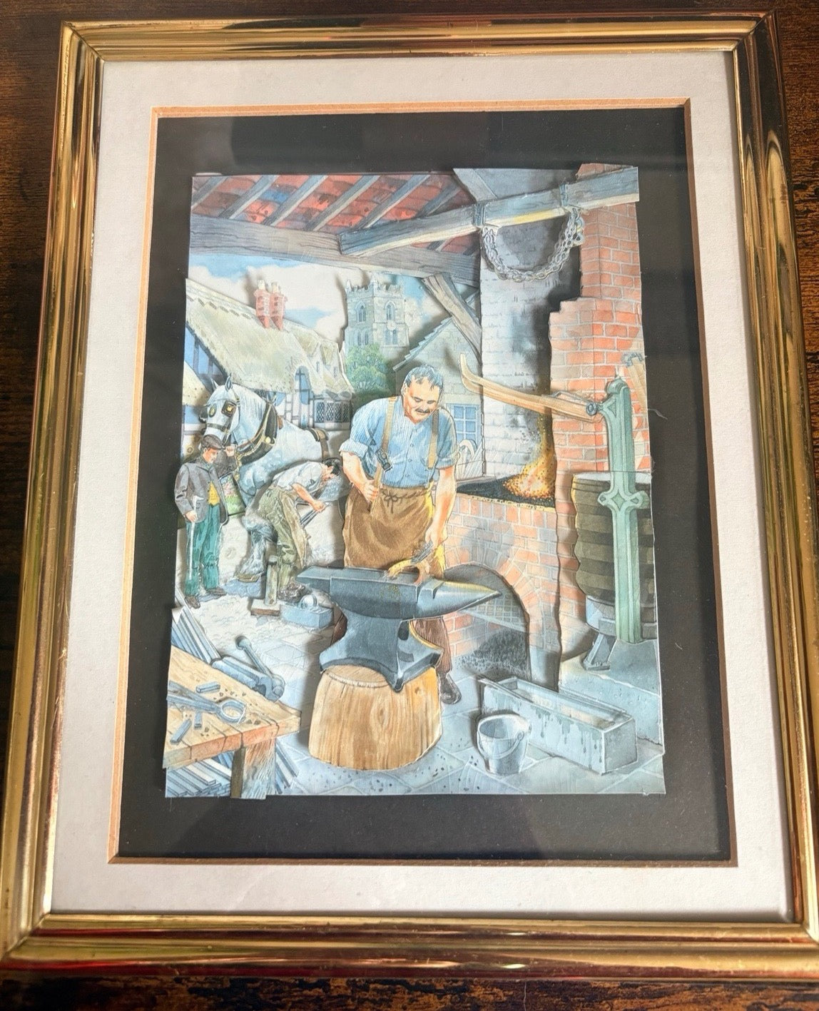 Vintage 3D Decoupage Blacksmith Scene — Folk Art Framed
