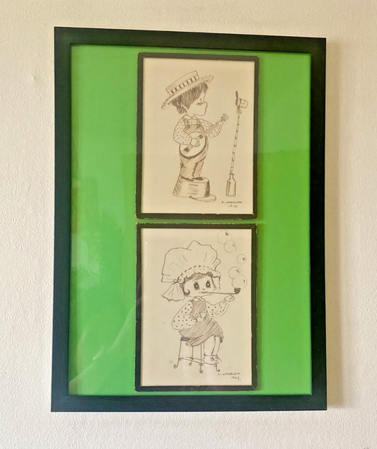 Vintage 1970s Mini Sketch Prints — Double Mounted