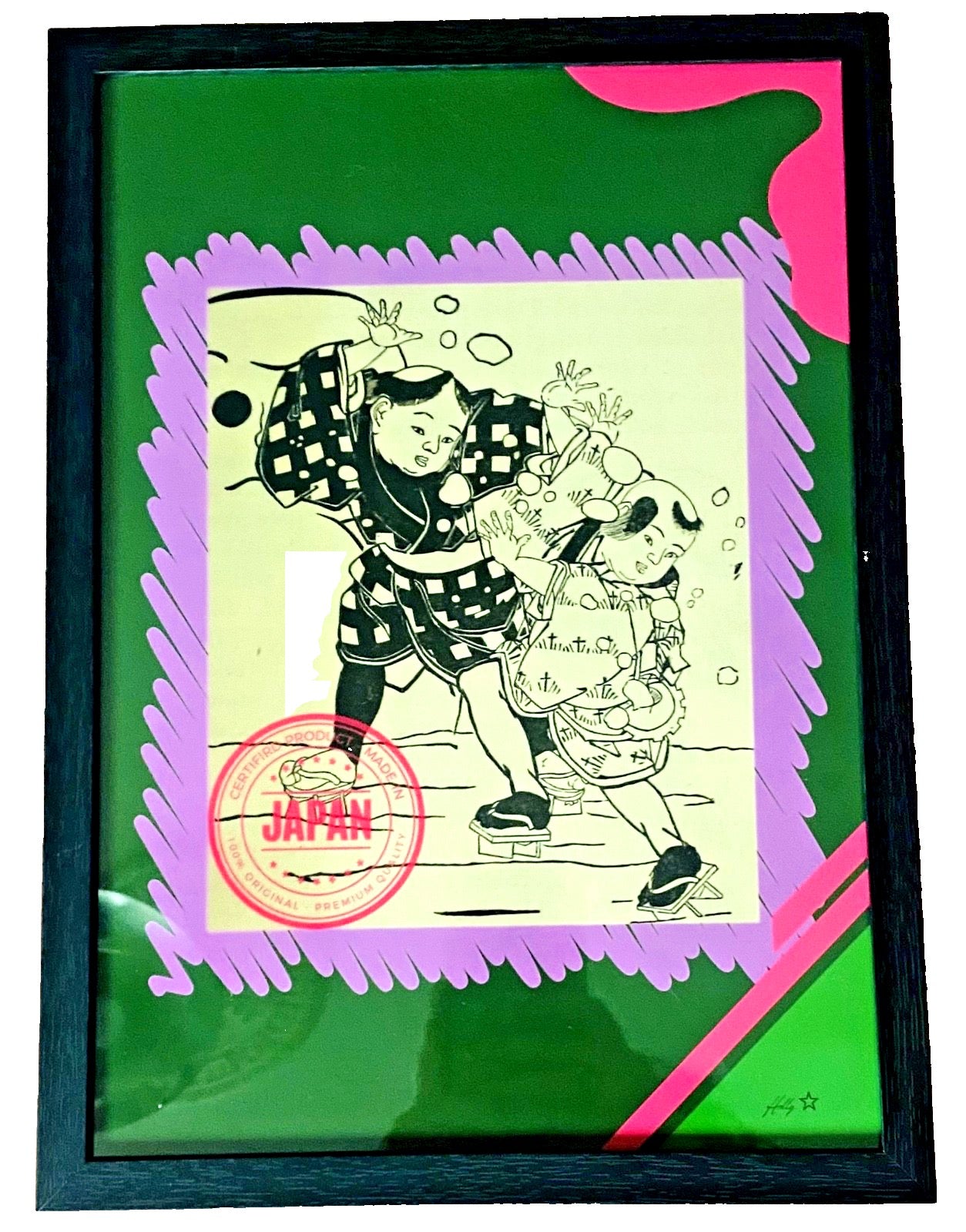 Japanese Figures Art Print — Dark Green, Pink & Lavender
