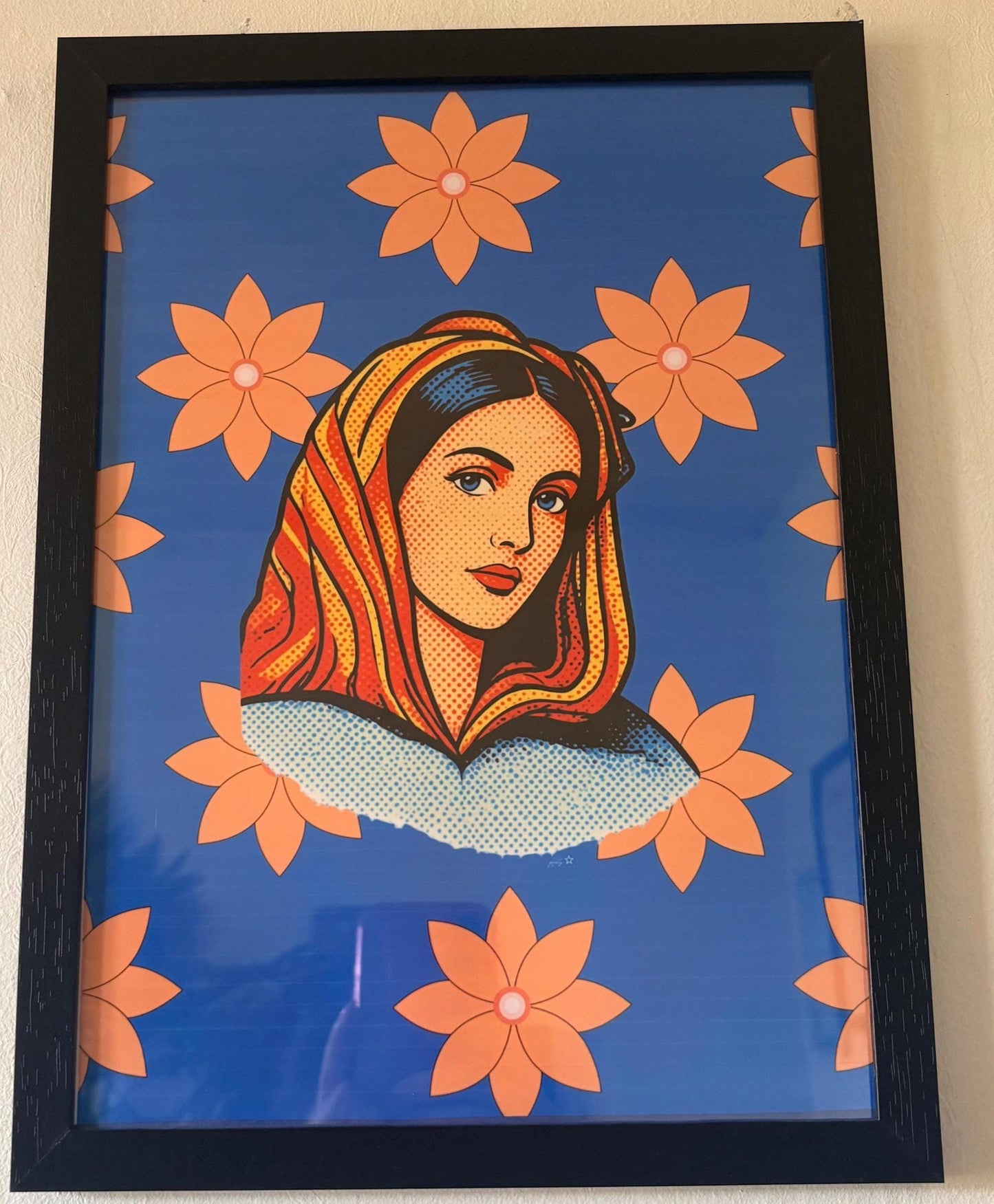 Original Pop Art Portrait Print | Retro Woman, Cobalt Blue, Orange Floral Art (A4 Framed)