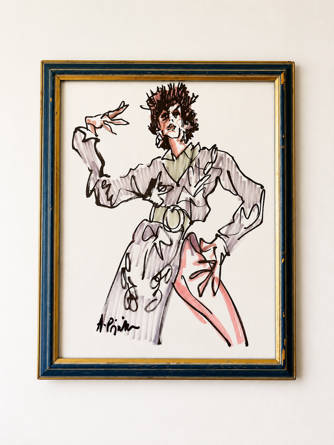 Framed Fashion Figure Study - Signed Vintage Illustration
