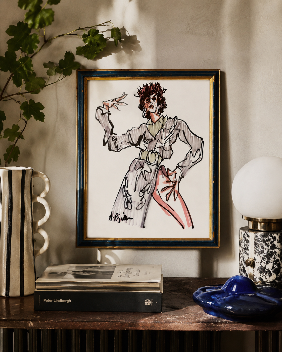 Framed Fashion Figure Study - Signed Vintage Illustration
