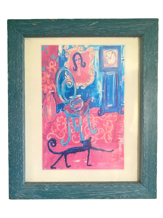 Vintage Framed Art Print by Jo Brown | Whimsical Cat Interior Scene | Blue Pink