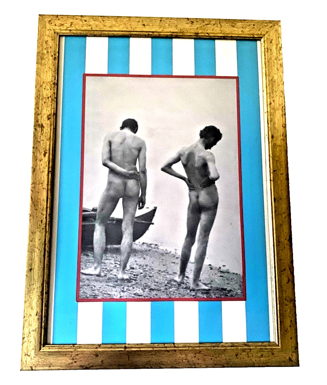 Vintage Beach Scene — Blue Stripe Gold Framed Print