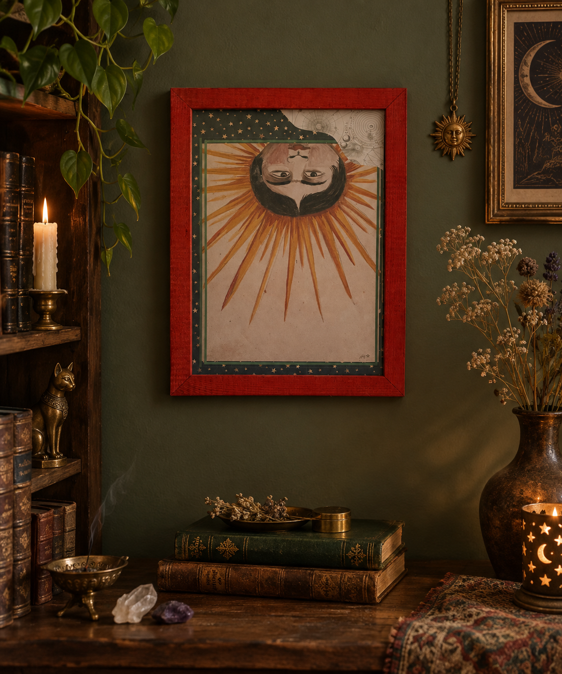 Celestial Moon & Stars – Vintage Red Framed Original Artwork