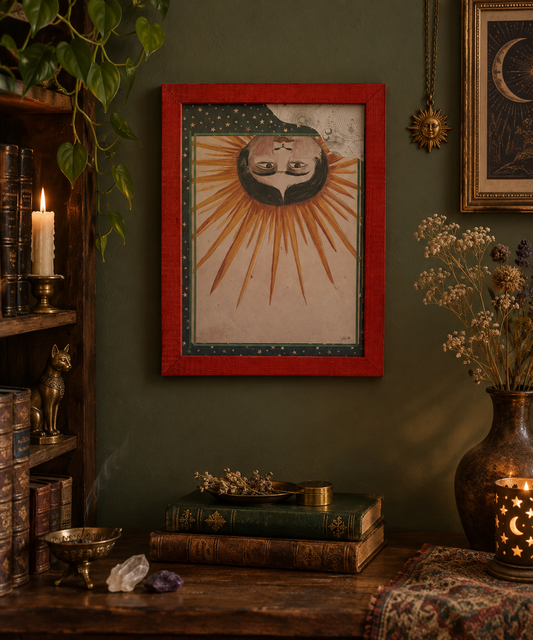 Celestial Moon & Stars – Vintage Red Framed Original Artwork