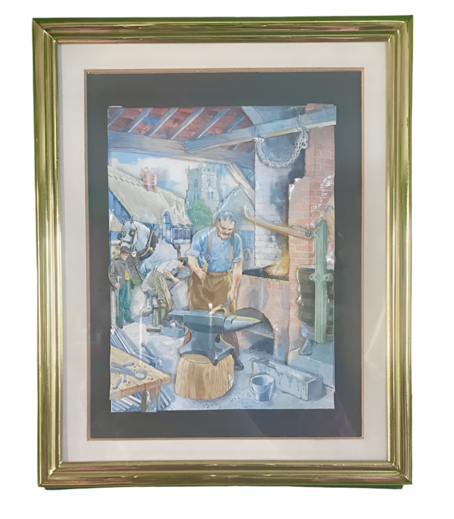 Vintage Framed 3D Blacksmith Print | Traditional Horse Farrier Village Scene |