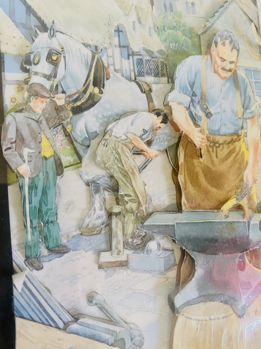 Vintage Framed 3D Blacksmith Print | Traditional Horse Farrier Village Scene |