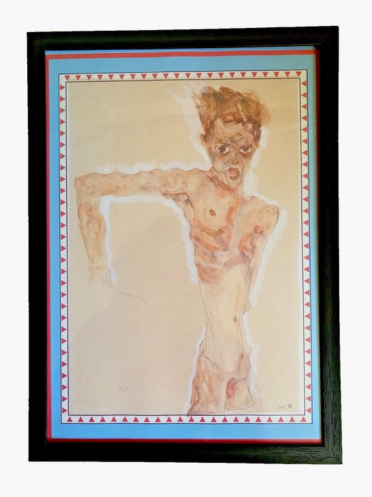 Egon Schiele Quirky Print | Colourful Portrait Blue & Red | Framed Expressionist