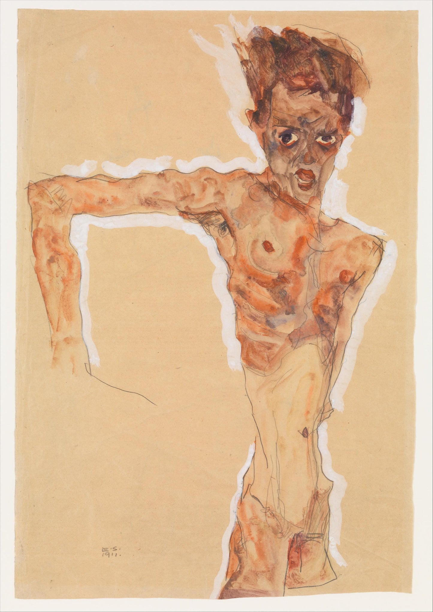 Egon Schiele Quirky Print | Colourful Portrait Blue & Red | Framed Expressionist
