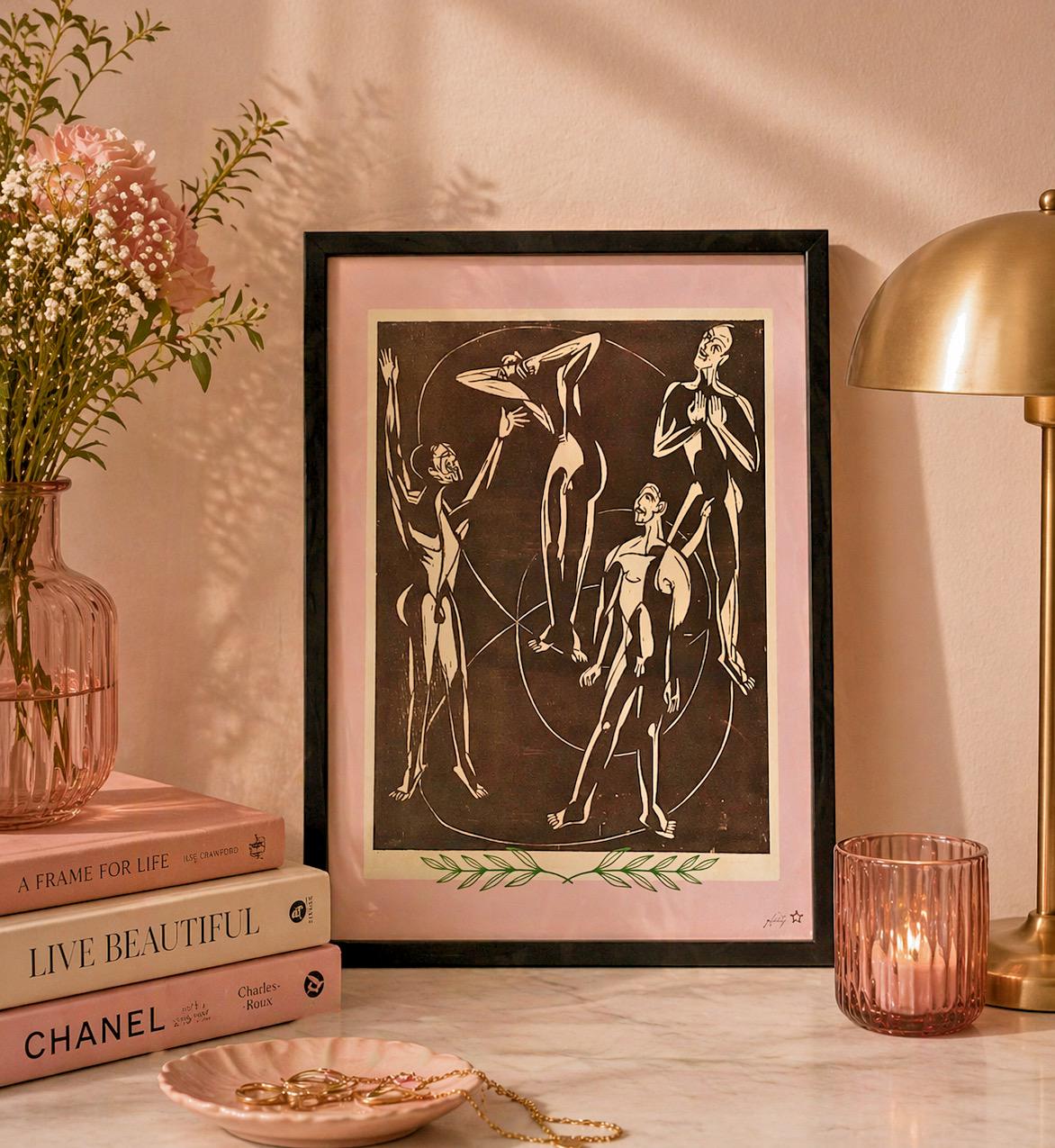 Framed Male Figure Study | Original Wall Art | Baby Pink & Black | A4 Vintage Reimagined Print