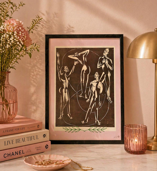 Framed Male Figure Study | Original Wall Art | Baby Pink & Black | A4 Vintage Reimagined Print