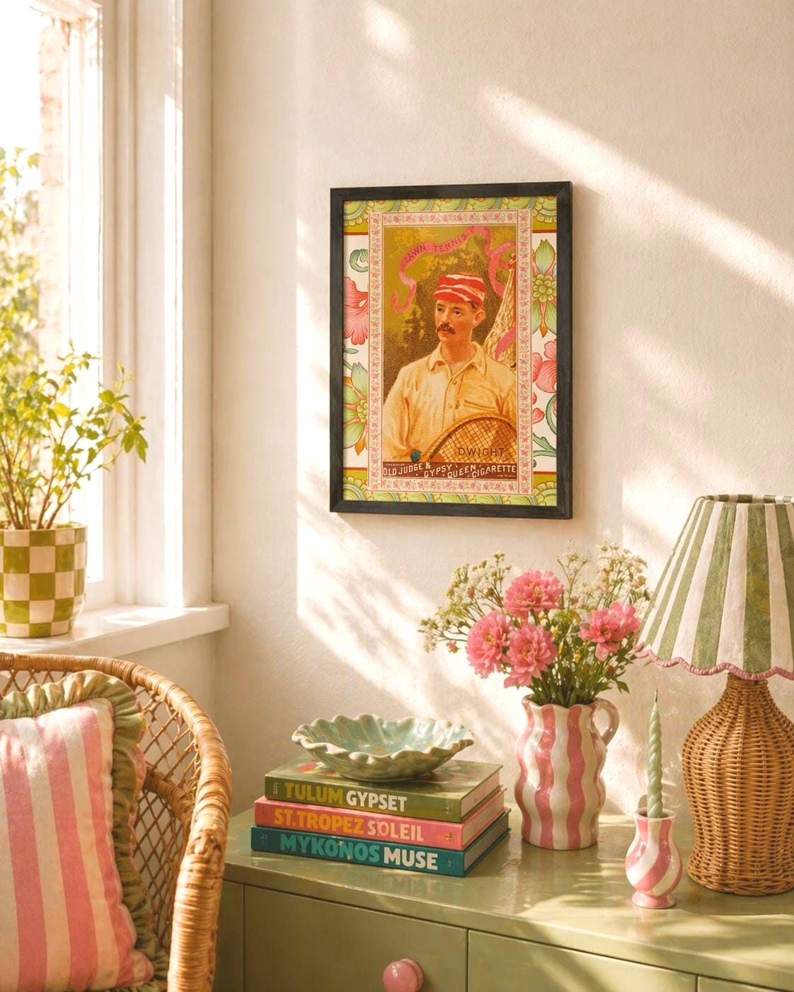 Vintage Lawn Tennis Art Print | Dwight Cigarette Ad, Clashing Floral, Framed A4