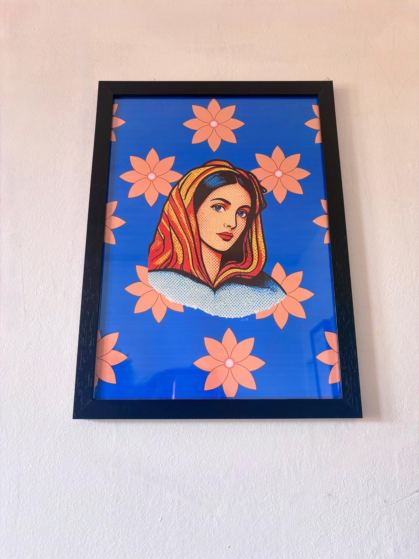 Original Pop Art Portrait Print | Retro Woman, Cobalt Blue, Orange Floral Art (A4 Framed)