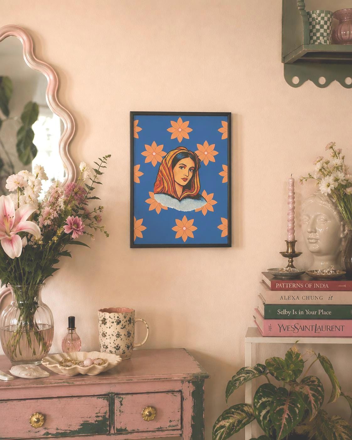 Original Pop Art Portrait Print | Retro Woman, Cobalt Blue, Orange Floral Art (A4 Framed)