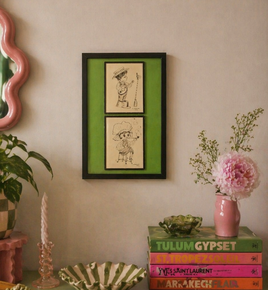 Vintage 1970s Mini Sketch Prints – Double Mounted in Frame – OOAK