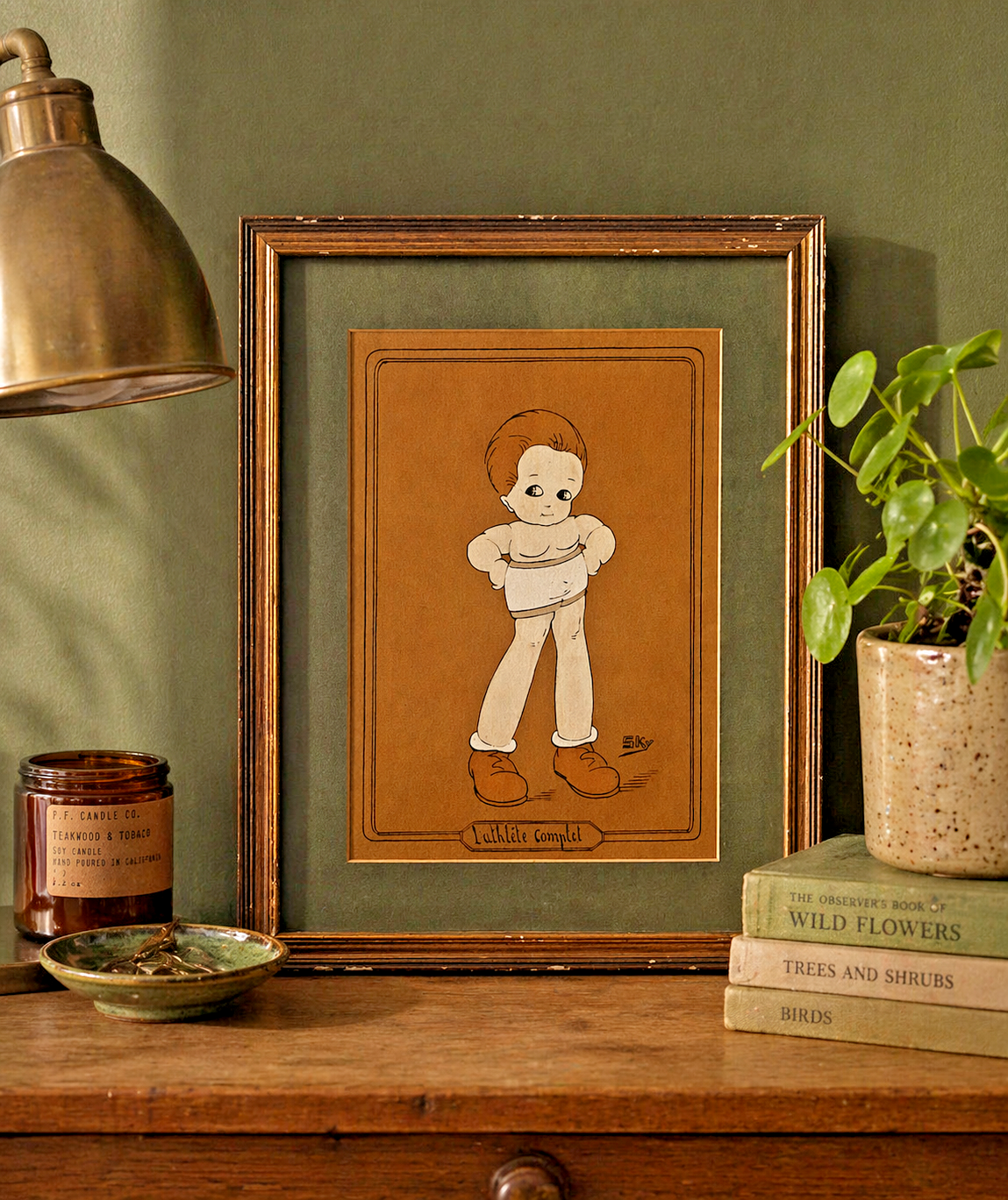Vintage French Athlete Illustration Print | Framed Original | Rare Cartoon Art |