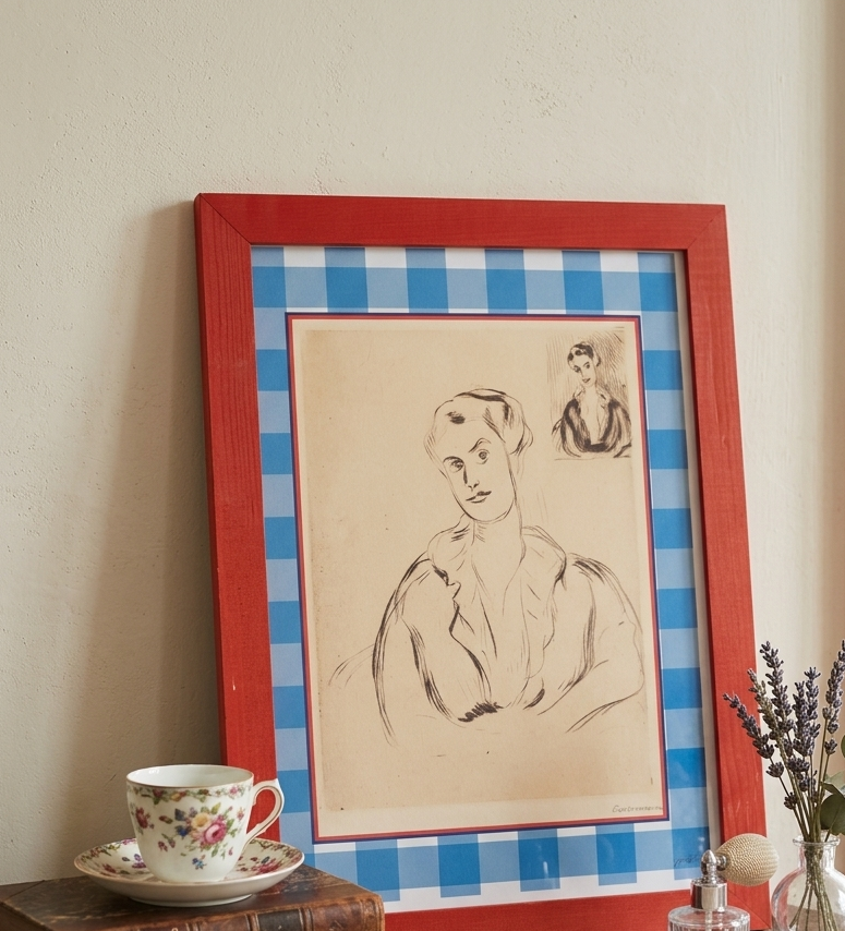 1920s Vintage Woman Sketch Print | Art Deco A4 Portrait | Blue Patterned Mount |