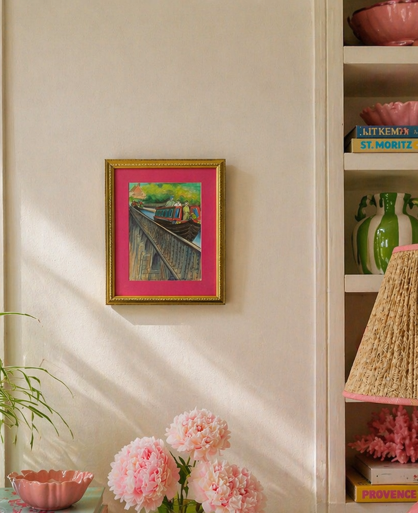 Vintage Canal Boat Art Print | Hot Pink Mount, Gold Frame, Quirky Nautical Wall|