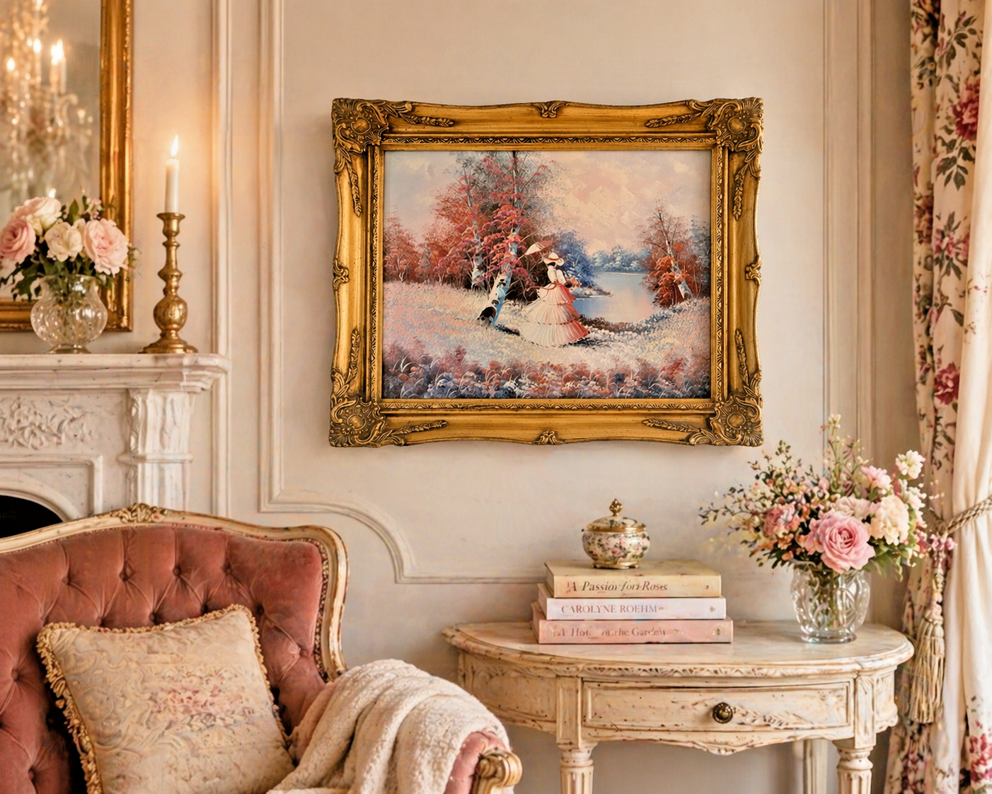 Vintage Painting on Canvas | Lady Parasol Landscape Ornate Gold Frame