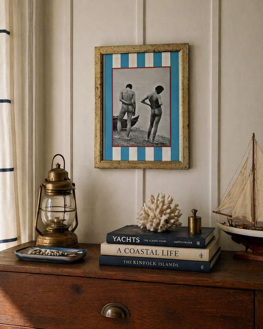 Vintage Beach Nautical Art Print | Blue Stripe Gold Frame, Coastal Wall Art A4