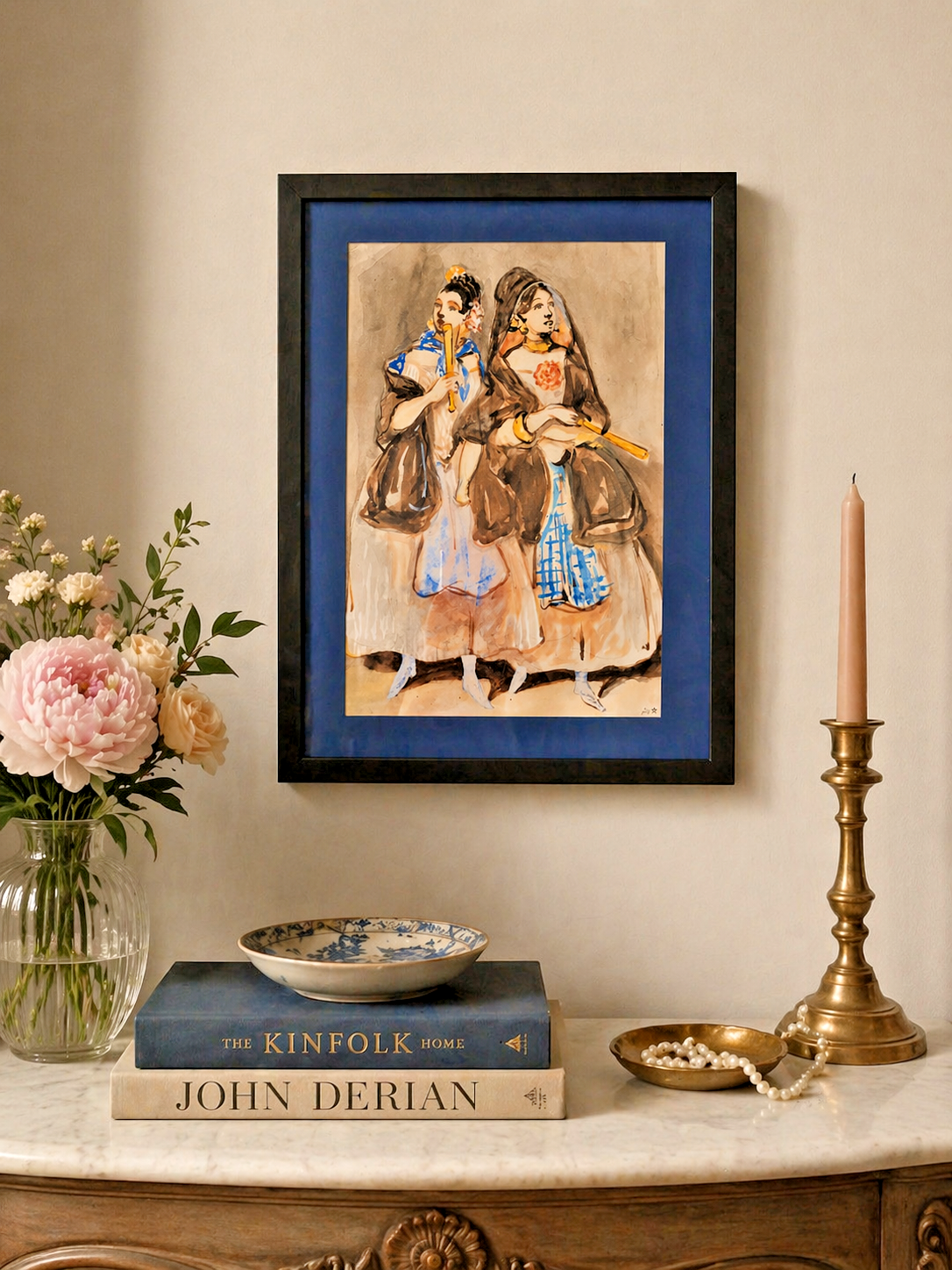 Constantin Guys Art Print – Two Spanish Women | Navy, Framed A4 | Wall Art