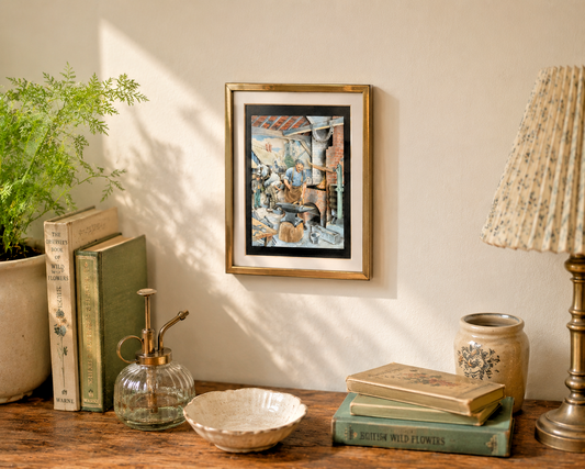 Vintage Framed 3D Decoupage Blacksmith Scene | Folk Art British Cottage Decor